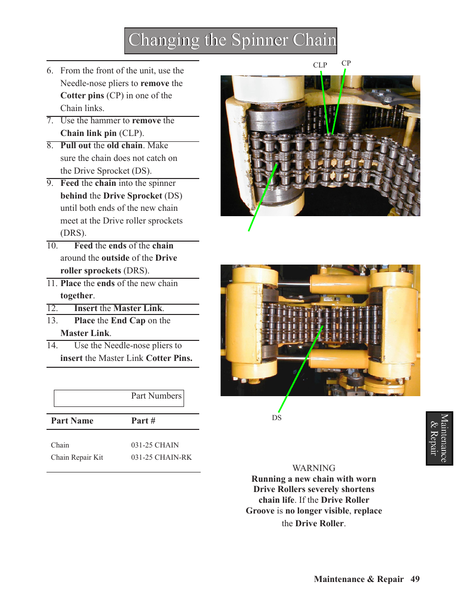 Changing the spinner chain | Hawk Industries Hawkjaw Sr. 100K-2GSR M100K Serial Numbers 141 to 200 User Manual | Page 51 / 215