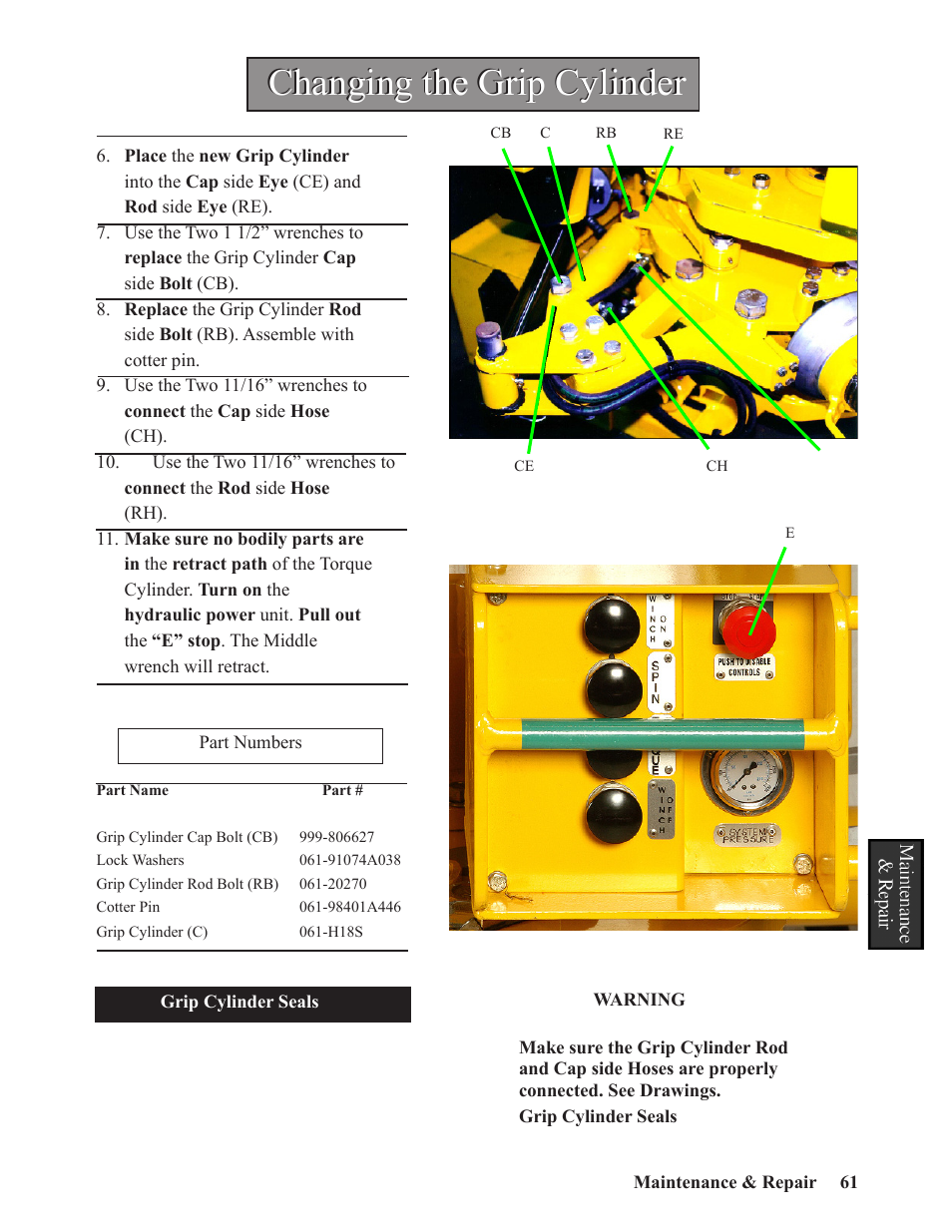 Changing the grip cylinder | Hawk Industries Hawkjaw Sr. 100K-2GSR M100K Serial Numbers 141 to 200 User Manual | Page 63 / 215