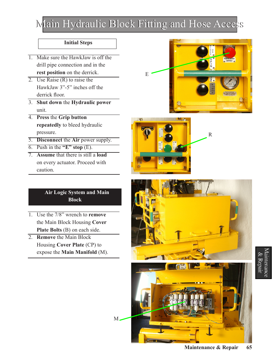 Main hydraulic block fitting and hose access | Hawk Industries Hawkjaw Sr. 100K-2GSR M100K Serial Numbers 141 to 200 User Manual | Page 67 / 215