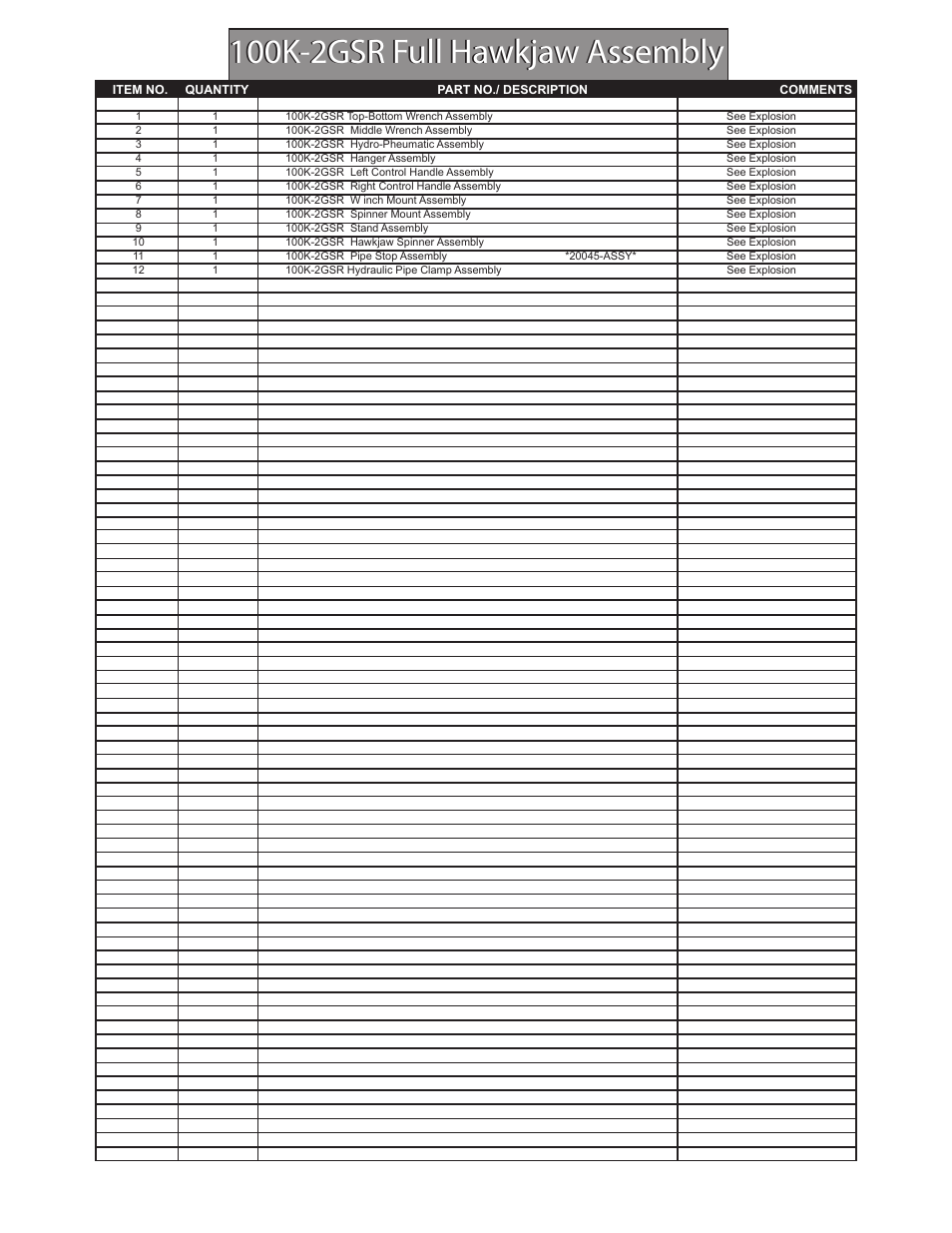 100k-2gsr full hawkjaw assembly | Hawk Industries Hawkjaw Sr. 100K-2GSR M100K Serial Numbers 141 to 200 User Manual | Page 81 / 215