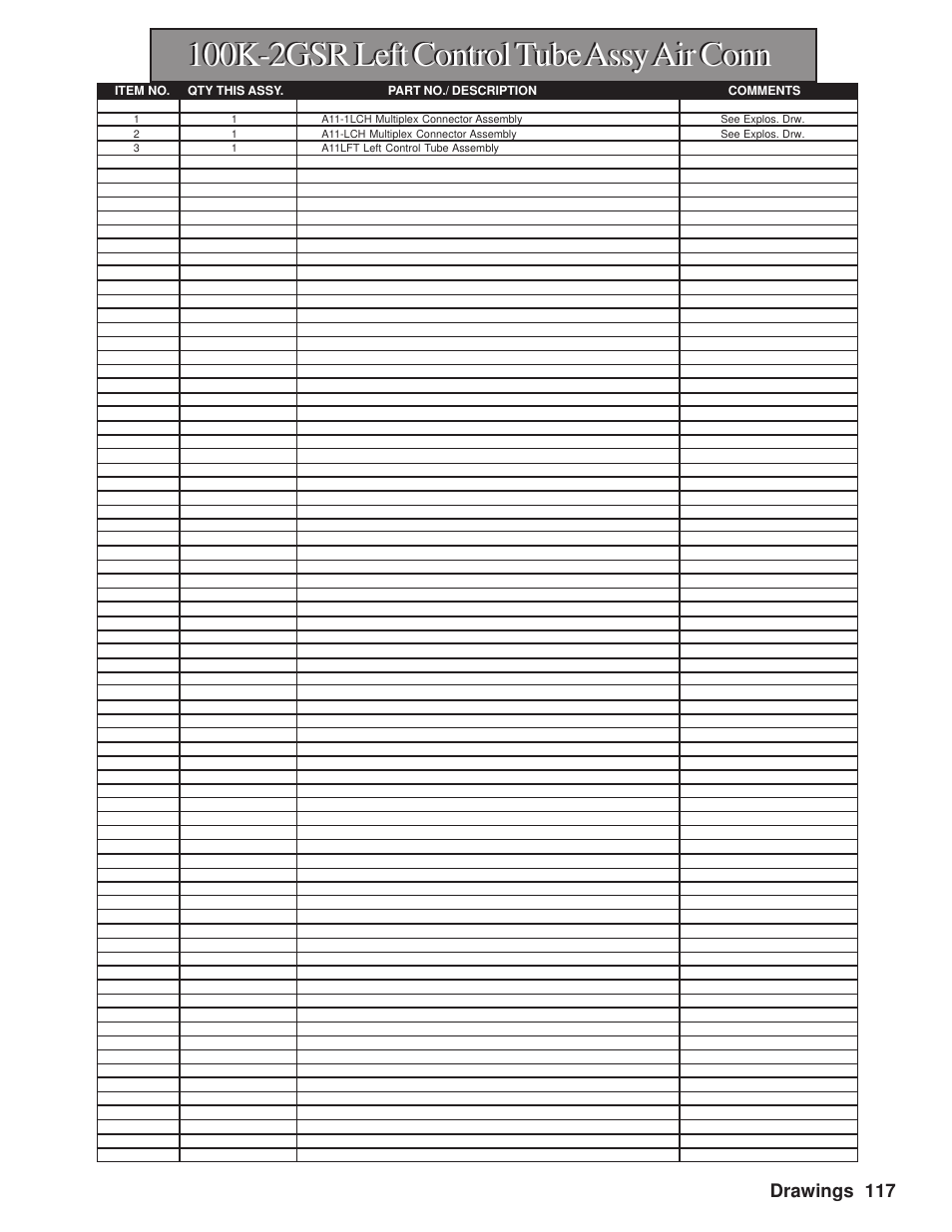 100k-2gsr left control tube assy air conn, Drawings 117 | Hawk Industries Hawkjaw Sr. Manual M100K-2GSR Serial Numbers 201 to 370 User Manual | Page 119 / 215