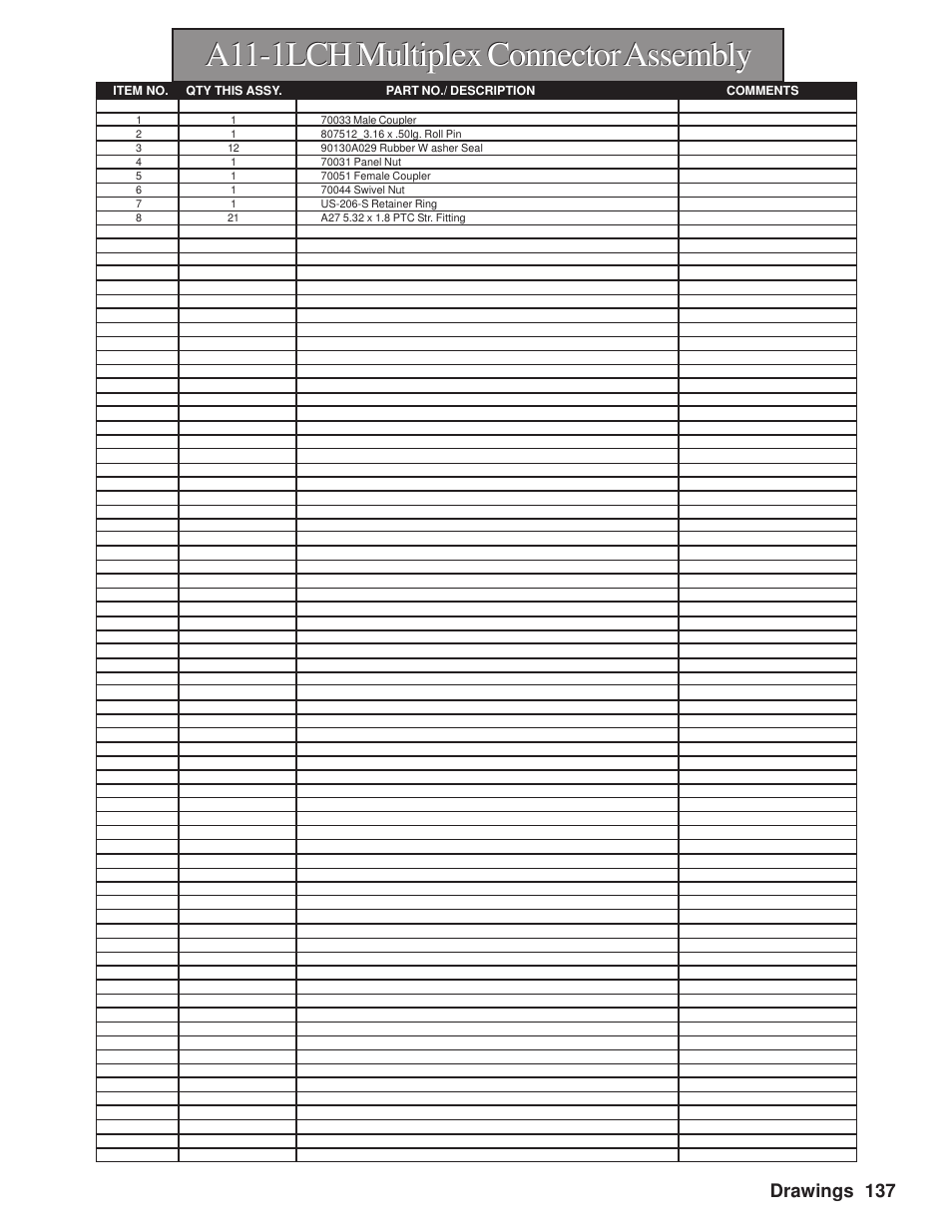 A11-1lch multiplex connector assembly, Drawings 137 | Hawk Industries Hawkjaw Sr. Manual M100K-2GSR Serial Numbers 201 to 370 User Manual | Page 139 / 215