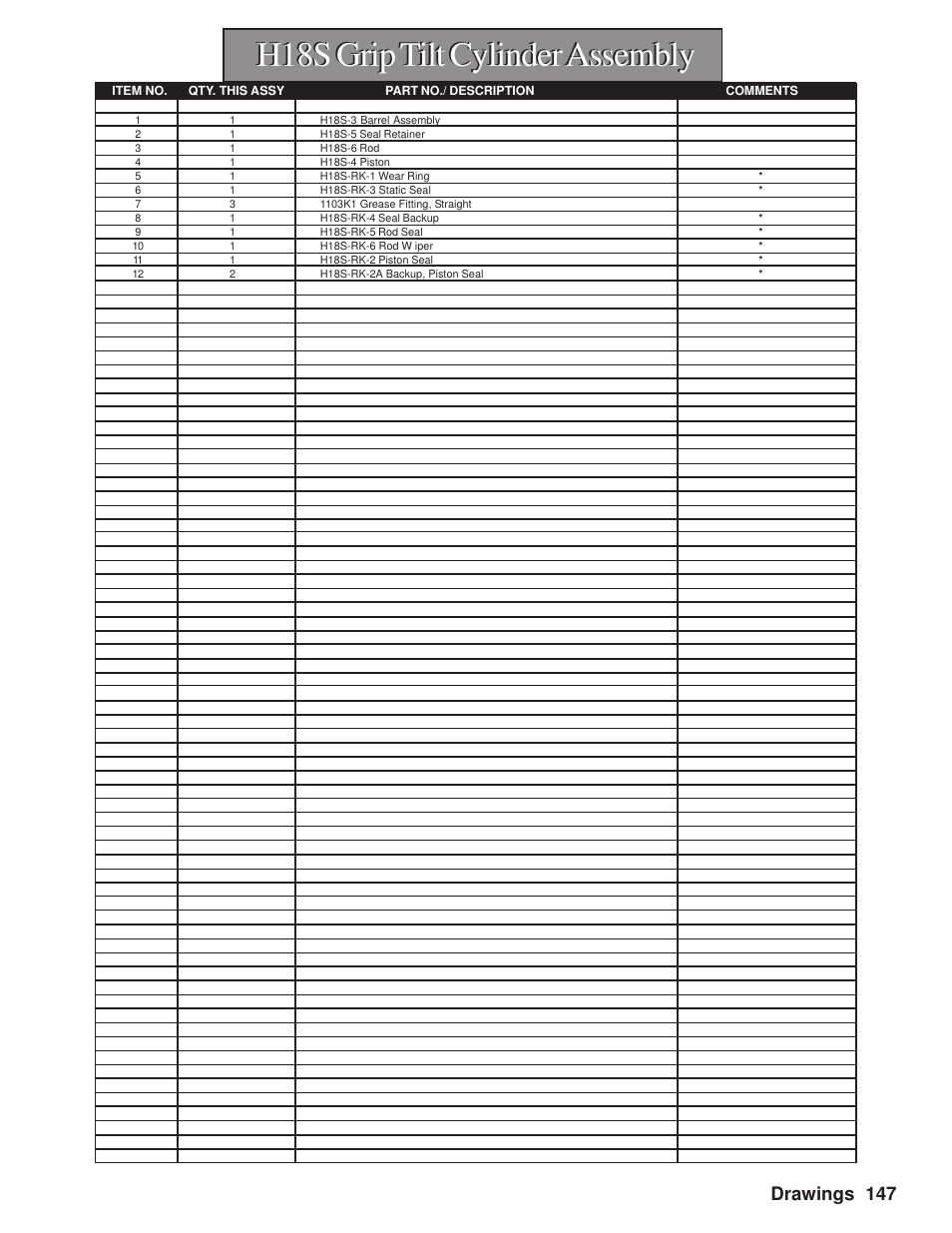 H18s grip tilt cylinder assembly, Drawings 147 | Hawk Industries Hawkjaw Sr. Manual M100K-2GSR Serial Numbers 201 to 370 User Manual | Page 149 / 215
