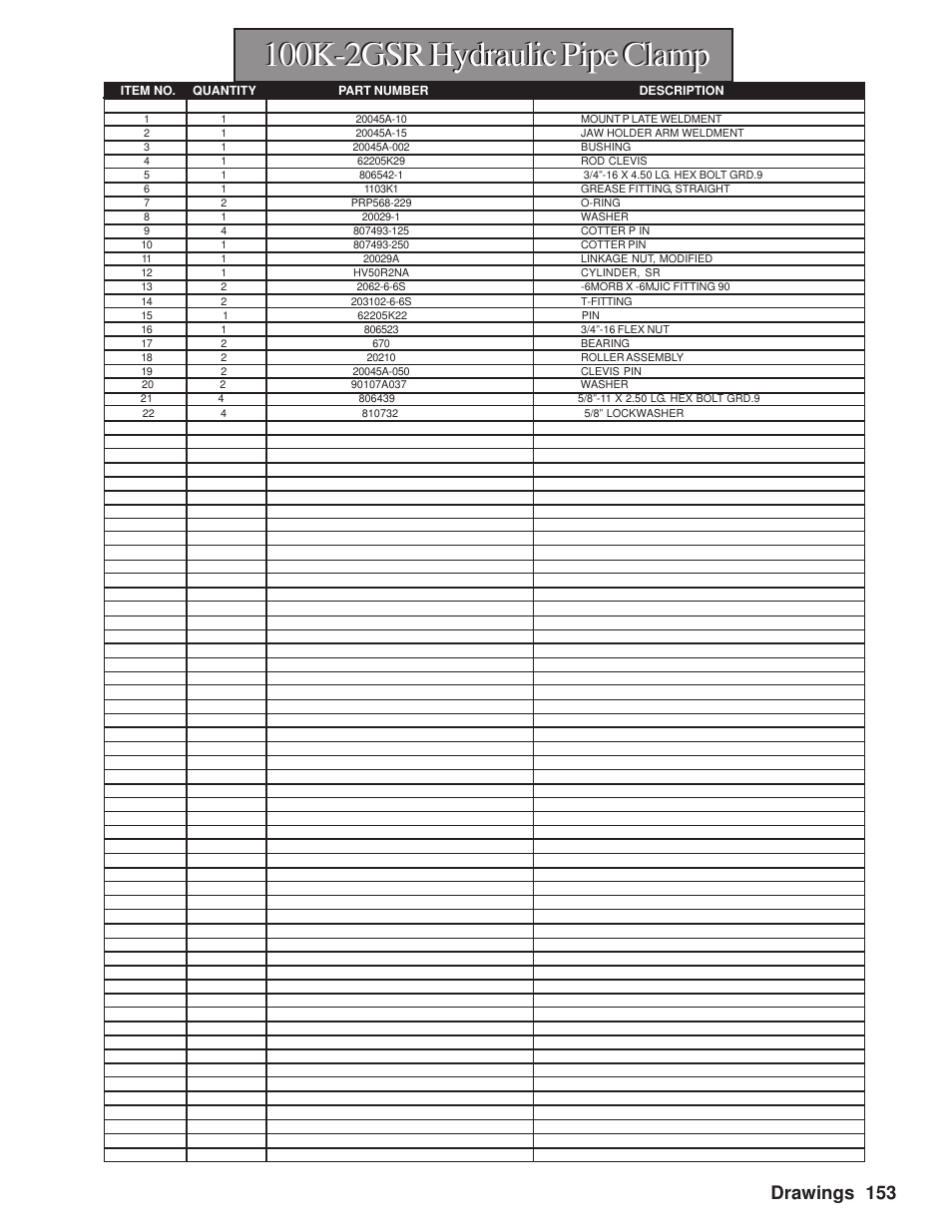 100k-2gsr hydraulic pipe clamp, Drawings 153 | Hawk Industries Hawkjaw Sr. Manual M100K-2GSR Serial Numbers 201 to 370 User Manual | Page 155 / 215