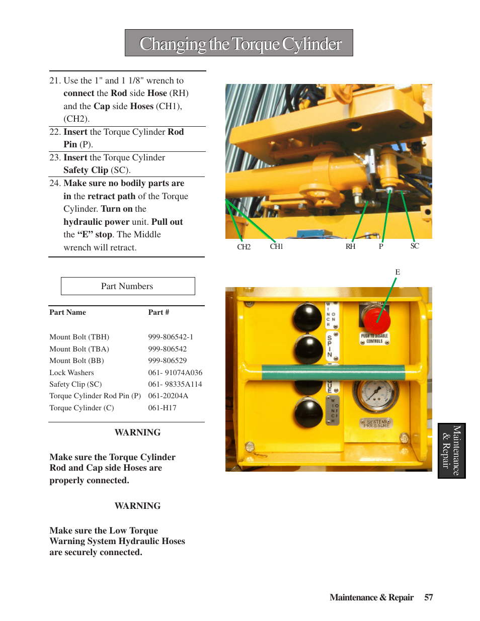 Changing the torque cylinder | Hawk Industries Hawkjaw Sr. Manual M100K-2GSR Serial Numbers 201 to 370 User Manual | Page 59 / 215