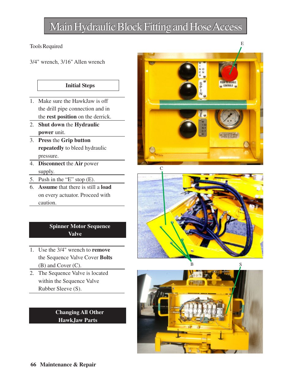 Main hydraulic block fitting and hose access | Hawk Industries Hawkjaw Sr. Manual M100K-2GSR Serial Numbers 201 to 370 User Manual | Page 68 / 215