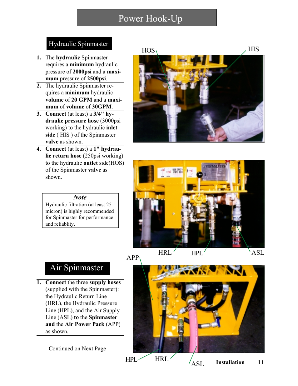 Power hook-up, Air spinmaster | Hawk Industries Spinner Manual 550 HYDRAULIC Serial Numbers 1 to 205 User Manual | Page 11 / 81