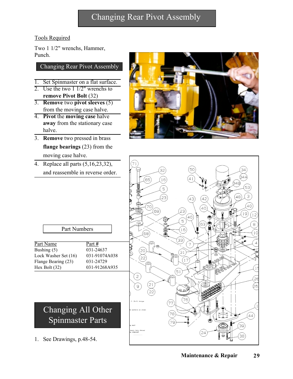 Changing rear pivot assembly, Changing all other spinmaster parts | Hawk Industries Spinner Manual 550 HYDRAULIC Serial Numbers 1 to 205 User Manual | Page 29 / 81