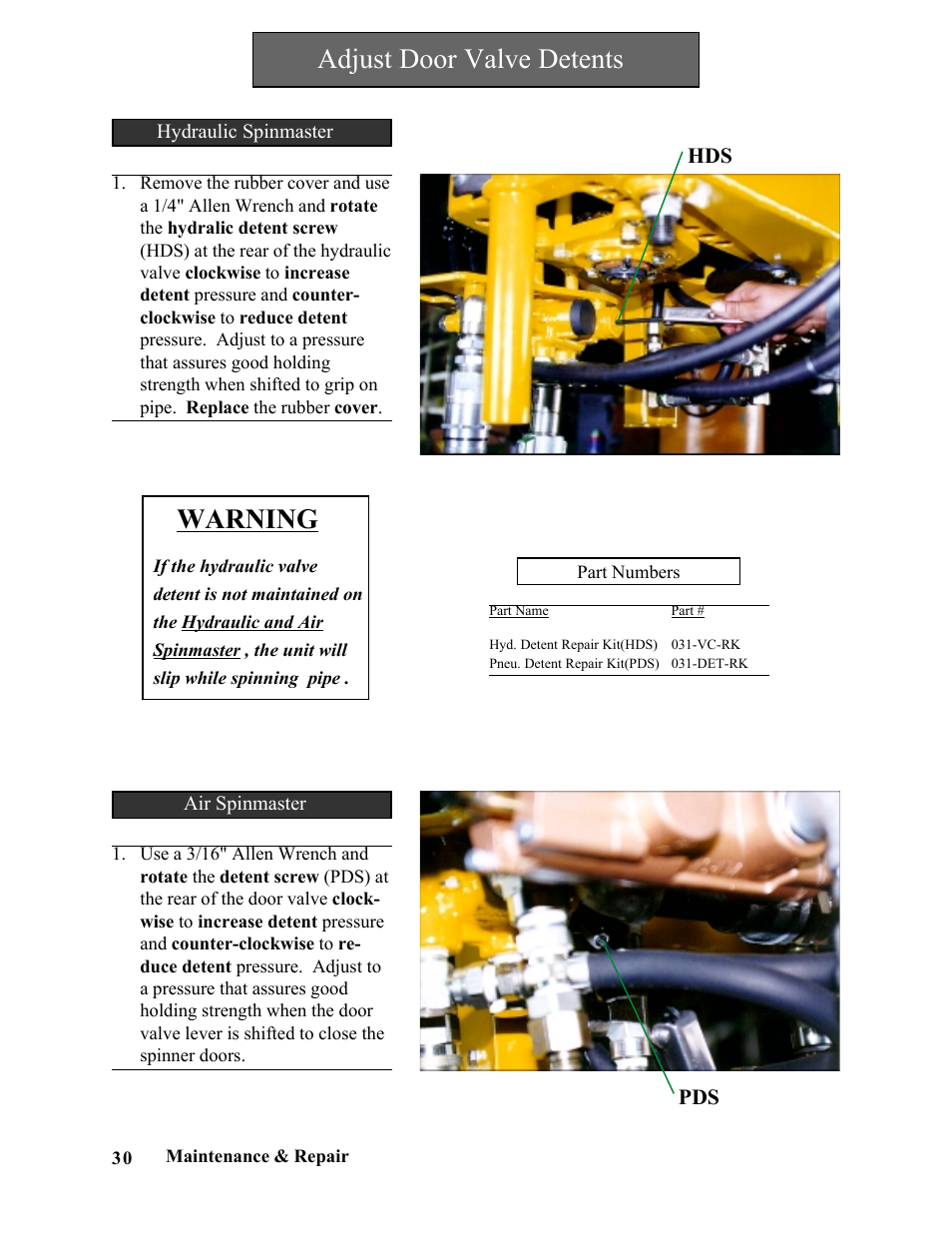 Adjust door valve detents, Warning | Hawk Industries Spinner Manual 550 HYDRAULIC Serial Numbers 1 to 205 User Manual | Page 30 / 81