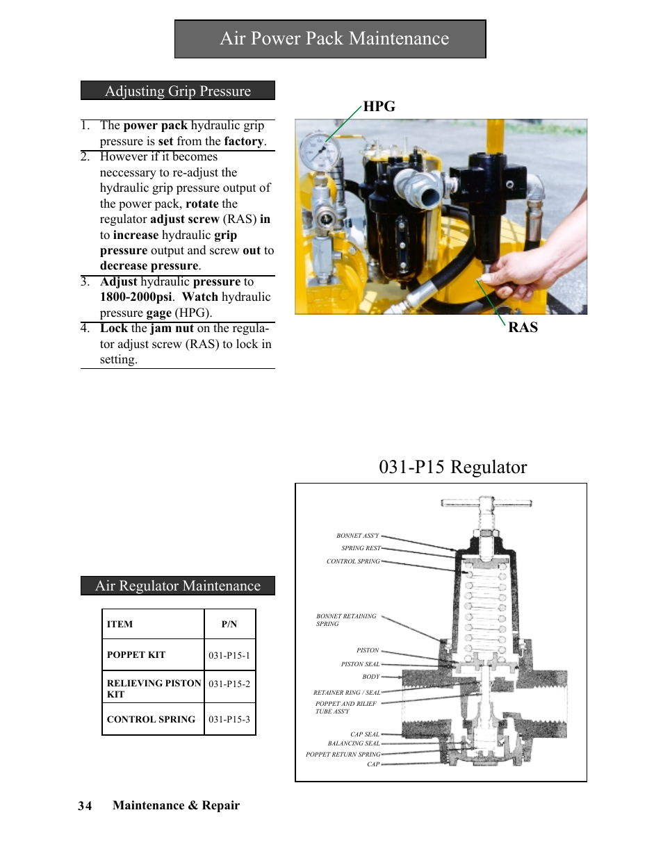 P15 regulator, Air power pack maintenance, Hpg ras | Adjusting grip pressure, Air regulator maintenance | Hawk Industries Spinner Manual 550 HYDRAULIC Serial Numbers 1 to 205 User Manual | Page 34 / 81