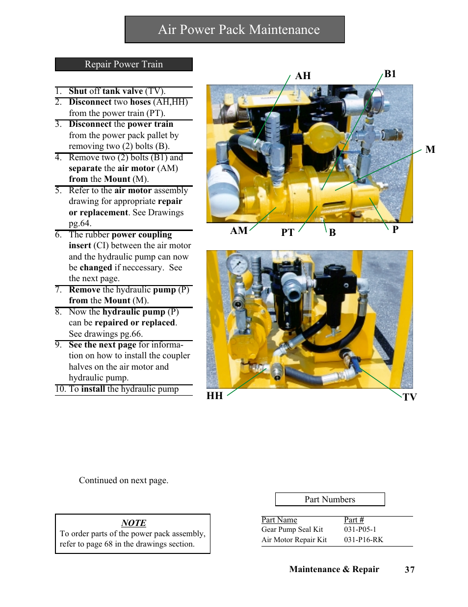 Air power pack maintenance | Hawk Industries Spinner Manual 550 HYDRAULIC Serial Numbers 1 to 205 User Manual | Page 37 / 81