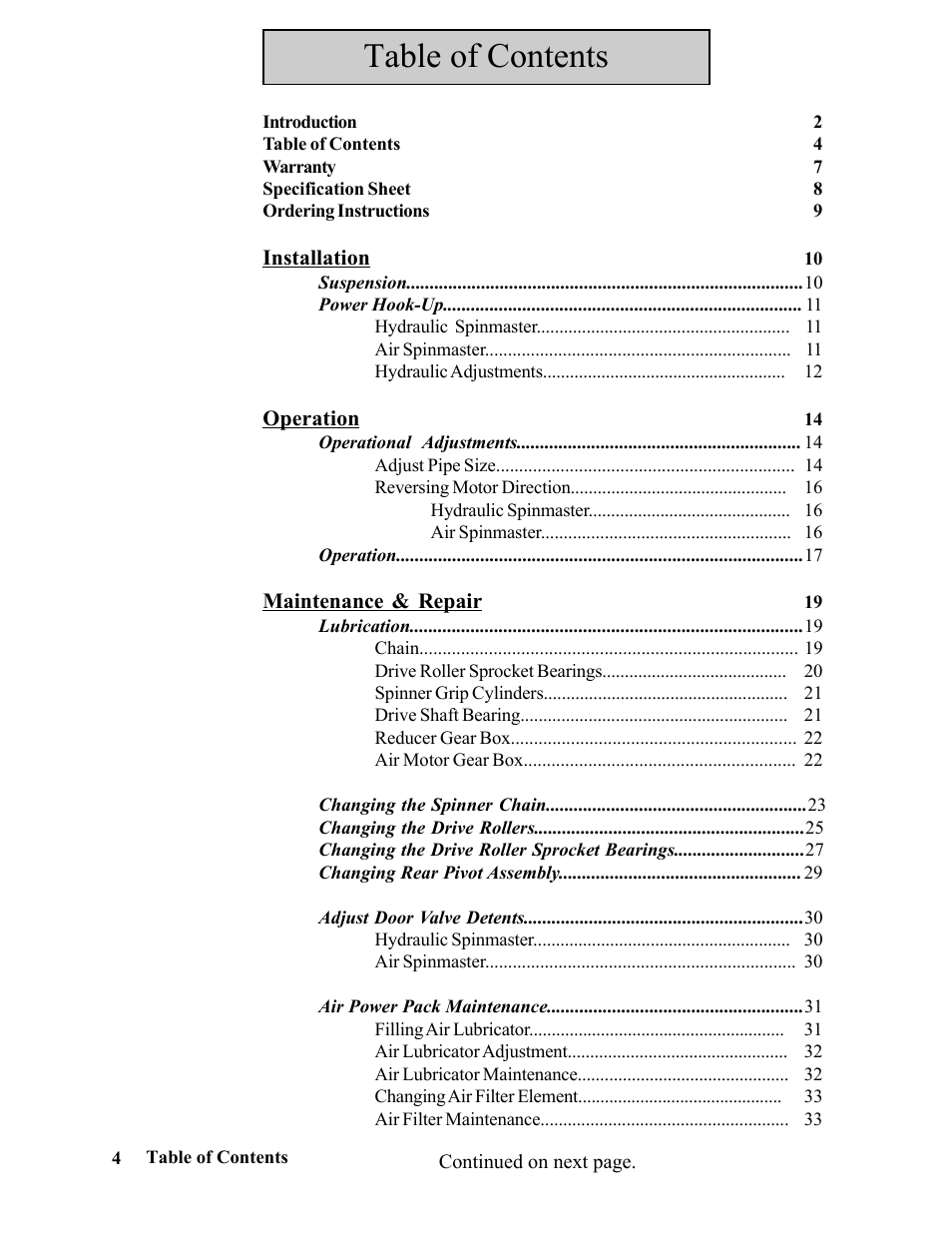 Hawk Industries Spinner Manual 550 HYDRAULIC Serial Numbers 1 to 205 User Manual | Page 4 / 81