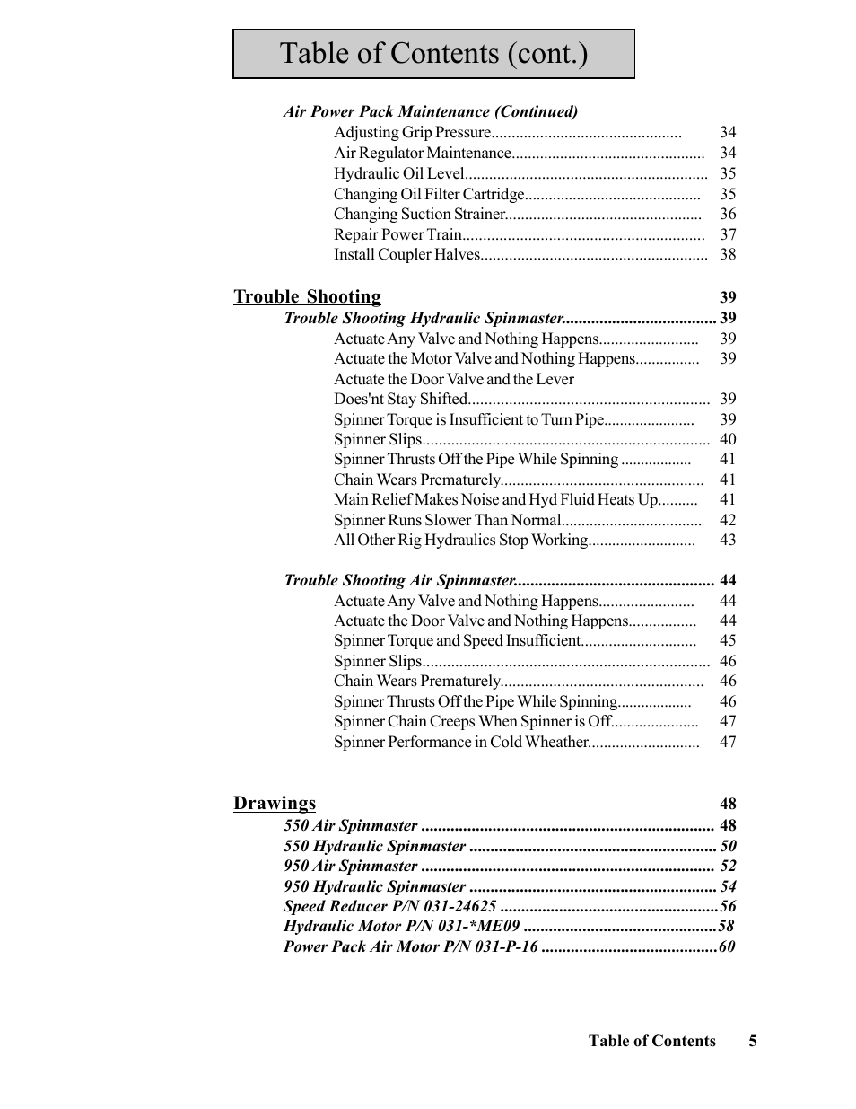 Table of contents (cont.) | Hawk Industries Spinner Manual 550 HYDRAULIC Serial Numbers 1 to 205 User Manual | Page 5 / 81