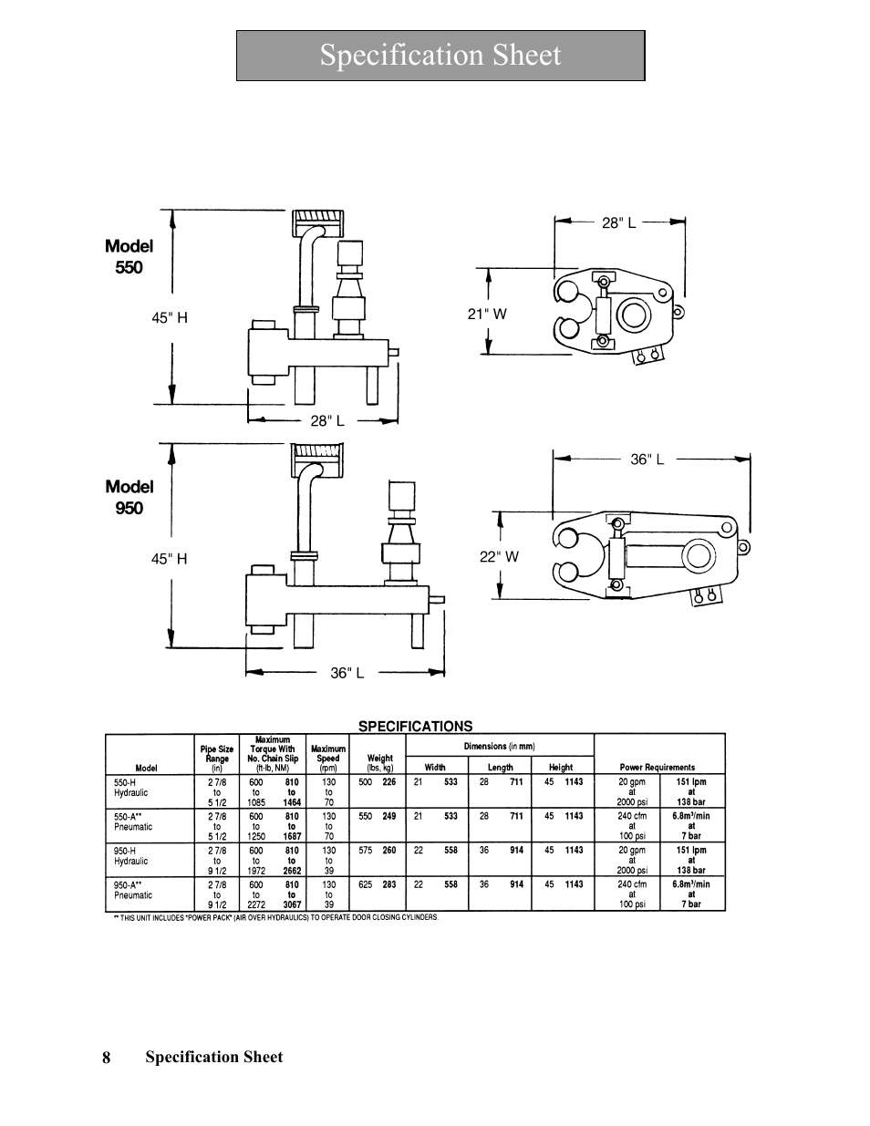 Specification sheet | Hawk Industries Spinner Manual 550 HYDRAULIC Serial Numbers 1 to 205 User Manual | Page 8 / 81