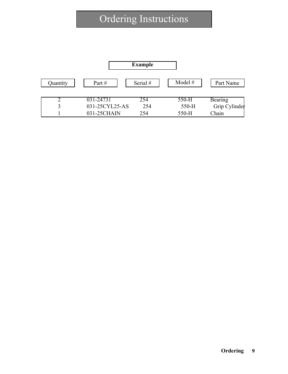 Ordering instructions | Hawk Industries Spinner Manual 550 HYDRAULIC Serial Numbers 1 to 205 User Manual | Page 9 / 81