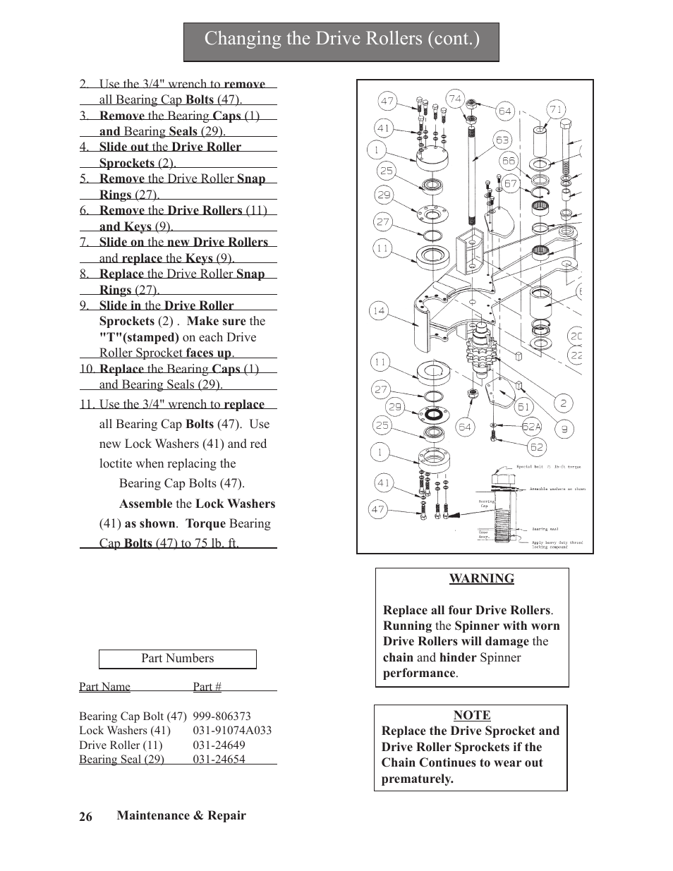Changing the drive rollers (cont.) | Hawk Industries Spinner Manual 950 HYDRAULIC Serial Numbers 401 to 701 User Manual | Page 26 / 101