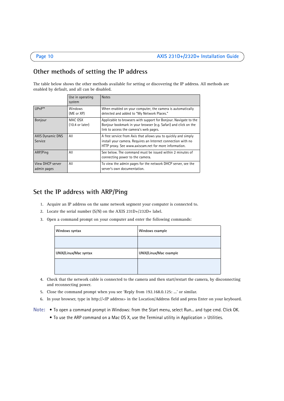 Other methods of setting the ip address, Set the ip address with arp/ping | Axis Communications 231D User Manual | Page 10 / 54