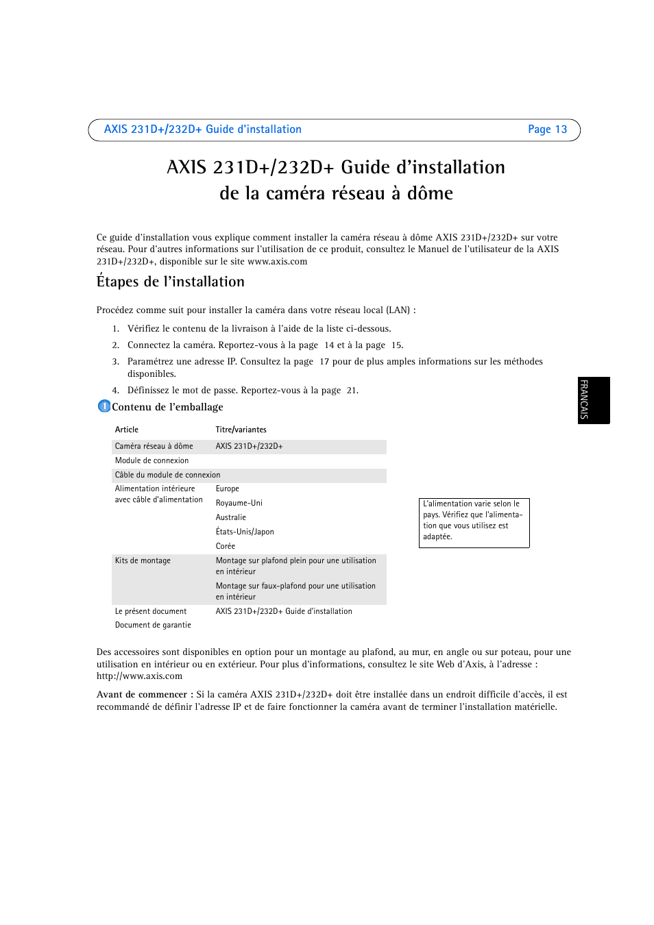 Étapes de l'installation | Axis Communications 231D User Manual | Page 13 / 54