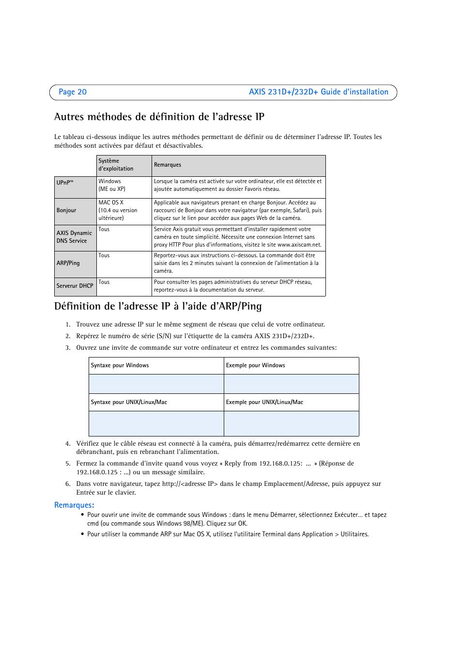 Autres méthodes de définition de l'adresse ip, Définition de l'adresse ip à l'aide d'arp/ping, Remarques | Axis Communications 231D User Manual | Page 20 / 54