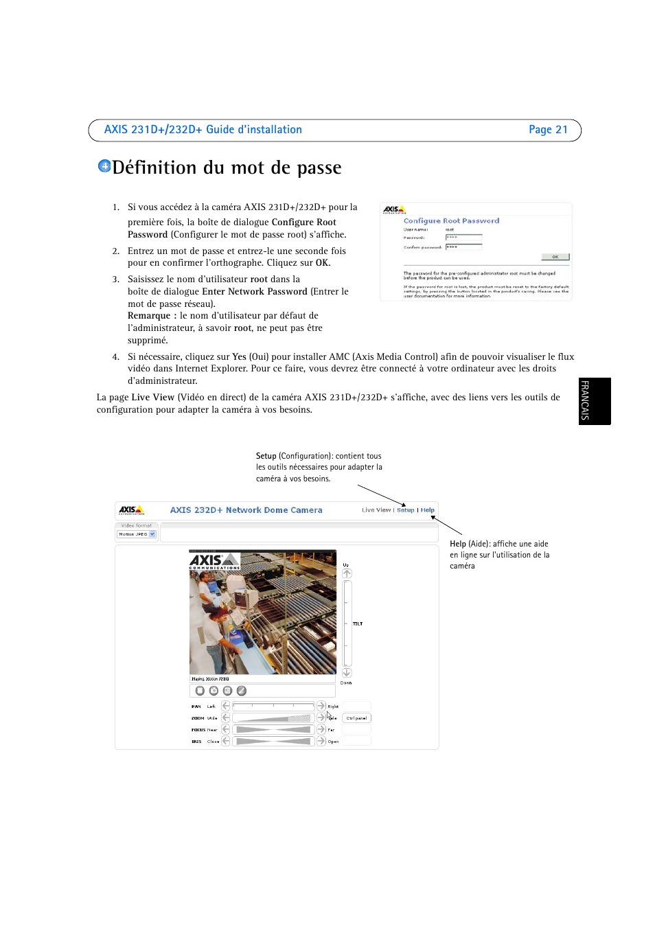 Définition du mot de passe | Axis Communications 231D User Manual | Page 21 / 54