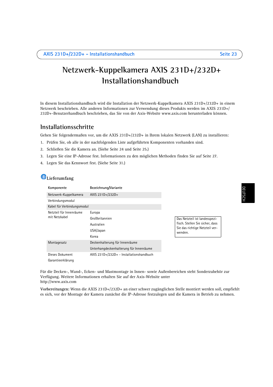 Installationsschritte | Axis Communications 231D User Manual | Page 23 / 54