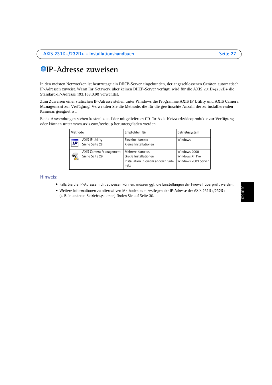 Ip-adresse zuweisen, E auf seite 27 | Axis Communications 231D User Manual | Page 27 / 54