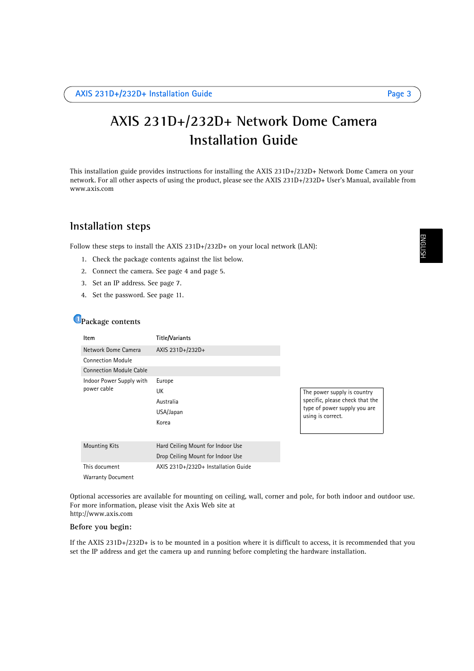 Installation steps | Axis Communications 231D User Manual | Page 3 / 54