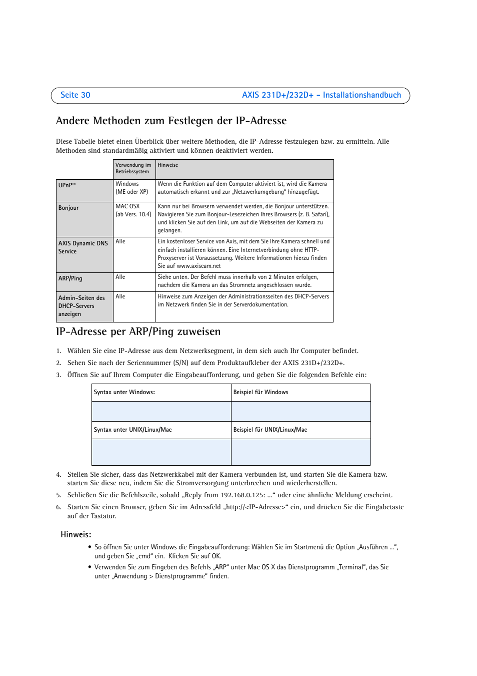 Andere methoden zum festlegen der ip-adresse, Ip-adresse per arp/ping zuweisen, Hinweis | Axis Communications 231D User Manual | Page 30 / 54