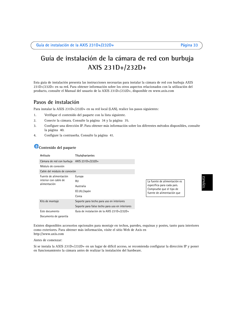 Pasos de instalación | Axis Communications 231D User Manual | Page 33 / 54