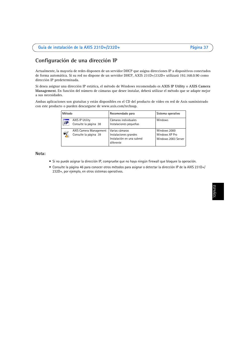 Configuración de una dirección ip | Axis Communications 231D User Manual | Page 37 / 54
