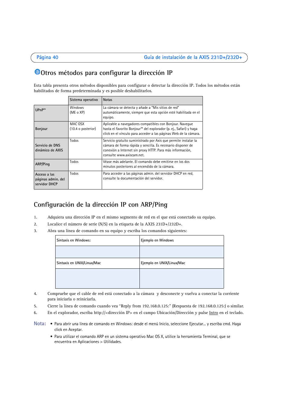 Otros métodos para configurar la dirección ip, Configuración de la dirección ip con arp/ping, Nota | Axis Communications 231D User Manual | Page 40 / 54