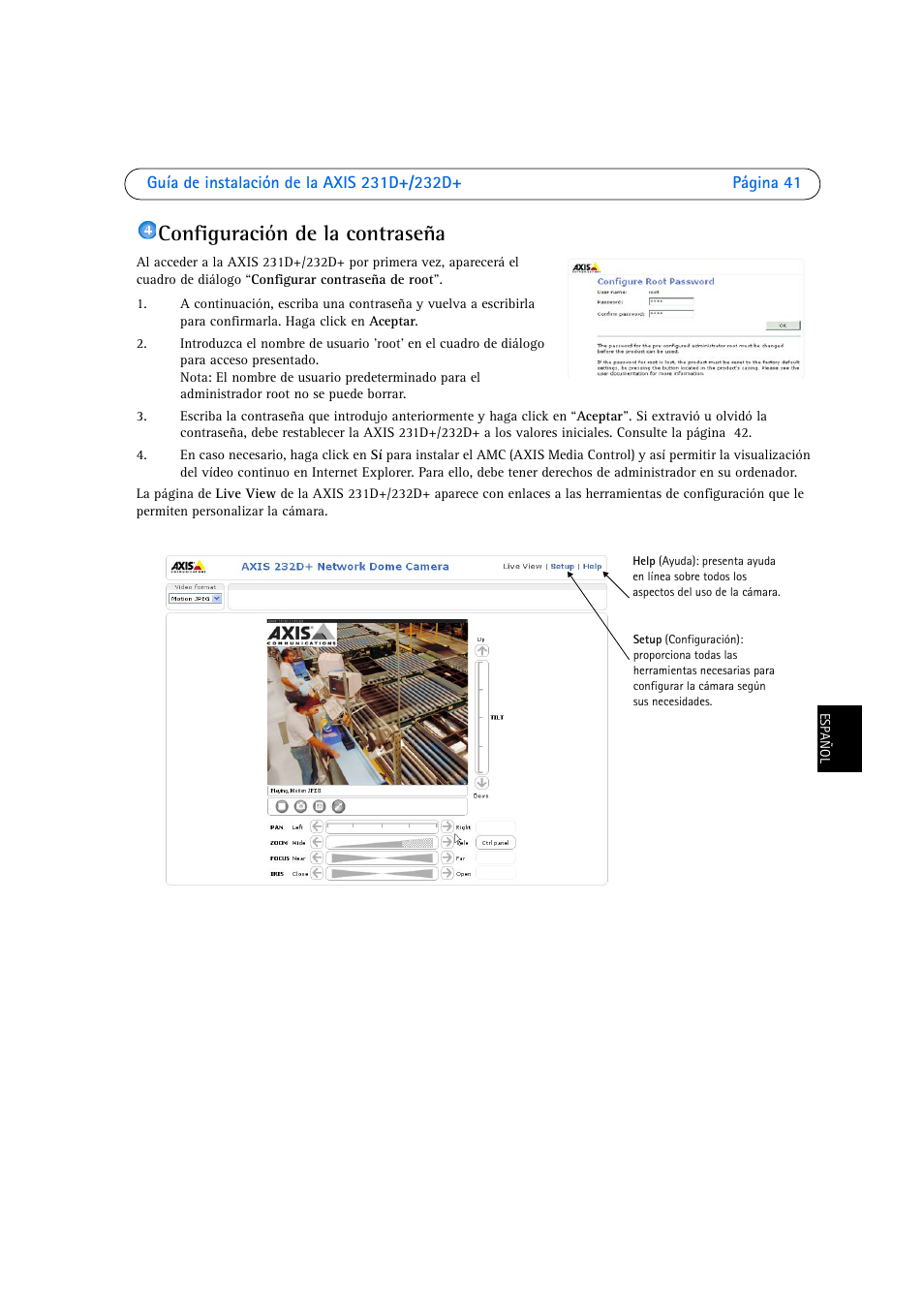 Configuración de la contraseña | Axis Communications 231D User Manual | Page 41 / 54