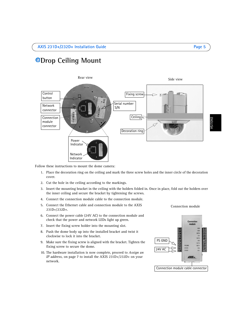 Drop ceiling mount | Axis Communications 231D User Manual | Page 5 / 54