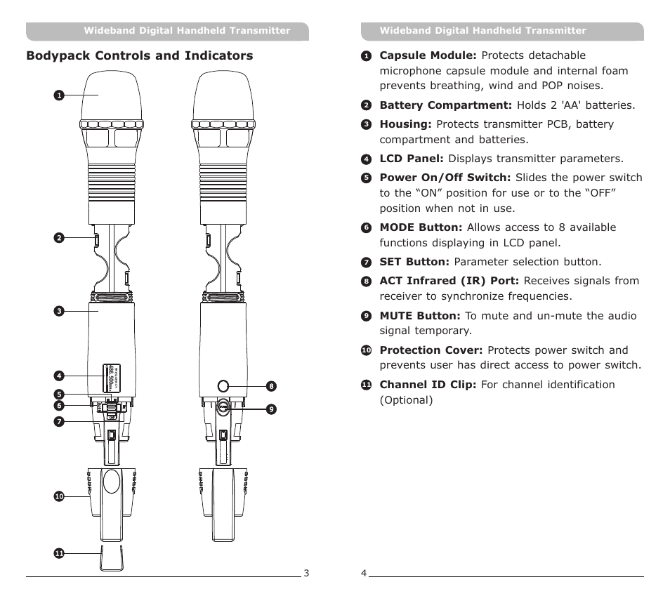 頁面 4, Bodypack controls and indicators | MIPRO ACT-80H Wideband Digital Handheld Transmitter User Manual | Page 4 / 15