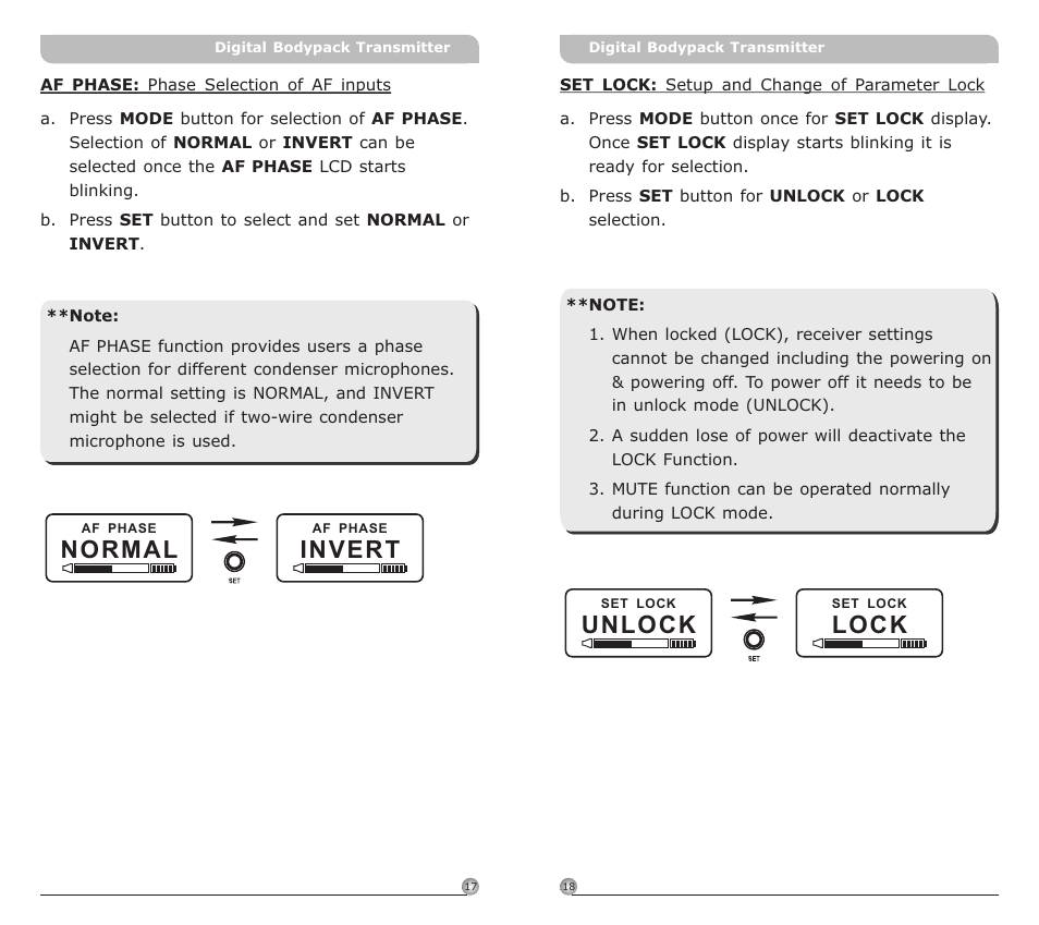 頁面 11, Invert, Normal | Unlock, Lock | MIPRO ACT-80T Wideband Digital Miniature Bodypack Transmitter User Manual | Page 11 / 17