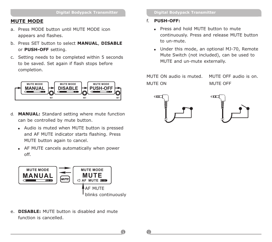 頁面 12, Manual, Mute | MIPRO ACT-80T Wideband Digital Miniature Bodypack Transmitter User Manual | Page 12 / 17