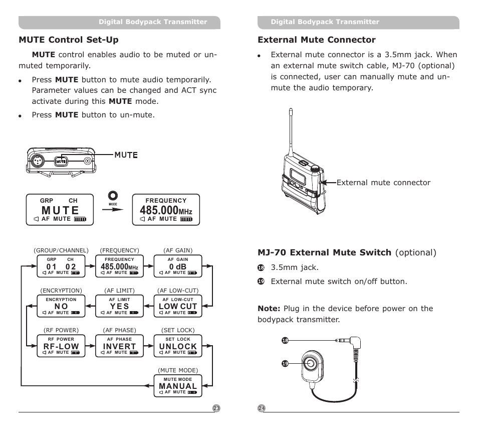 頁面 14, M u t e, Mute control set-up | MIPRO ACT-80T Wideband Digital Miniature Bodypack Transmitter User Manual | Page 14 / 17