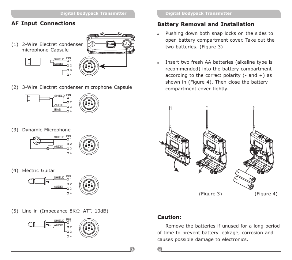 頁面 16, Battery removal and installation, Caution | Af input connections | MIPRO ACT-80T Wideband Digital Miniature Bodypack Transmitter User Manual | Page 16 / 17