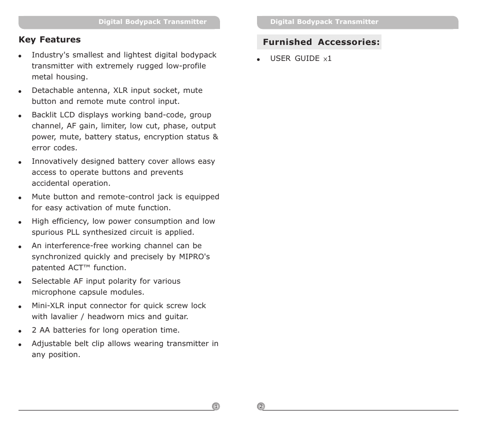 頁面 3 | MIPRO ACT-80T Wideband Digital Miniature Bodypack Transmitter User Manual | Page 3 / 17