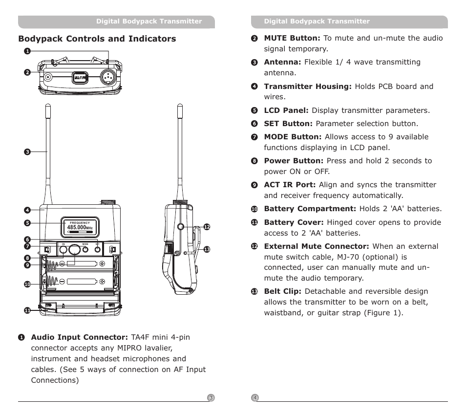 頁面 4, Bodypack controls and indicators | MIPRO ACT-80T Wideband Digital Miniature Bodypack Transmitter User Manual | Page 4 / 17