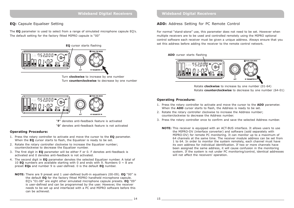 頁面 10, Eq: capsule equaliser setting, Wideband digital receivers | MIPRO ACT-818 Wideband Single-Channel Digital Receiver User Manual | Page 10 / 15