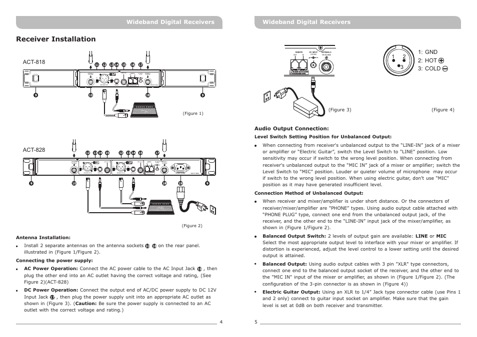 頁面 5, 8v dc bias, Out in (12~15v) | Out in made in taiwan (12~15v) lift, Gnd mic line, Receiver installation | MIPRO ACT-818 Wideband Single-Channel Digital Receiver User Manual | Page 5 / 15