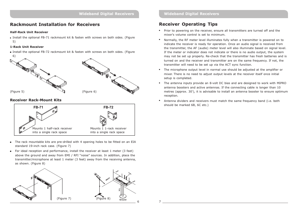 頁面 6, Rackmount installation for receivers, Receiver operating tips | MIPRO ACT-818 Wideband Single-Channel Digital Receiver User Manual | Page 6 / 15
