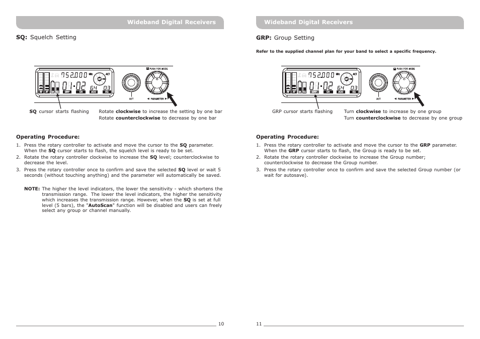 頁面 8, Sq: squelch setting, Wideband digital receivers | Wideband digital receivers grp: group setting | MIPRO ACT-818 Wideband Single-Channel Digital Receiver User Manual | Page 8 / 15