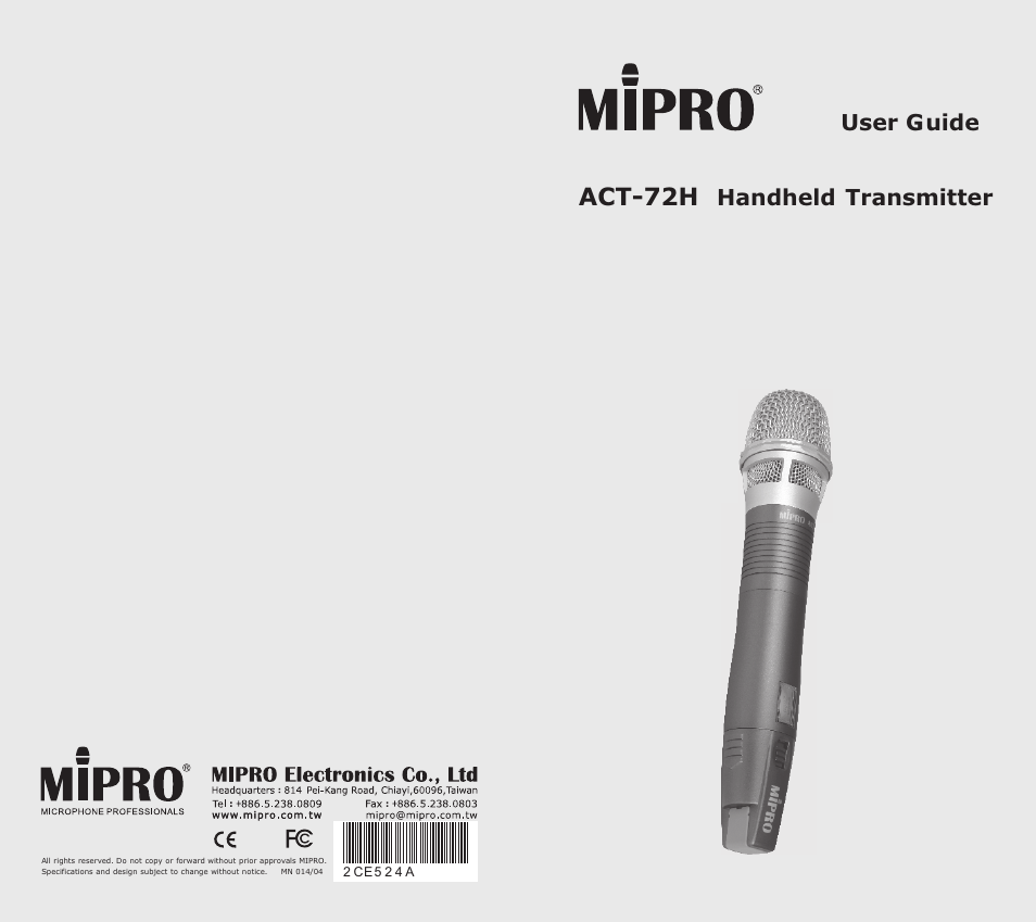 MIPRO ACT-72H Narrowband Handheld Transmitte User Manual | 11 pages