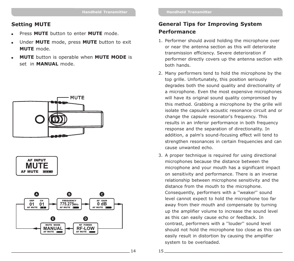 頁面 10, Mute, Setting mute | General tips for improving system performance | MIPRO ACT-72H Narrowband Handheld Transmitte User Manual | Page 10 / 11