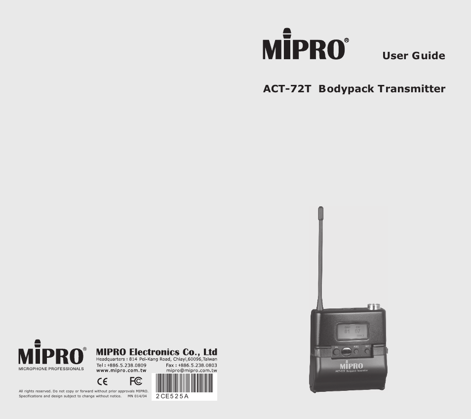 MIPRO ACT-72T Narrowband Bodypack Transmitter User Manual | 11 pages