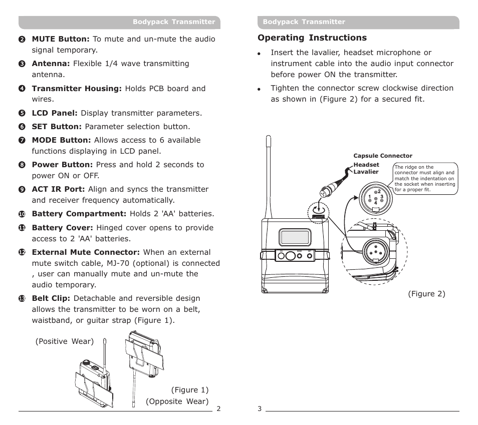 頁面 3, Operating instructions | MIPRO ACT-72T Narrowband Bodypack Transmitter User Manual | Page 3 / 11