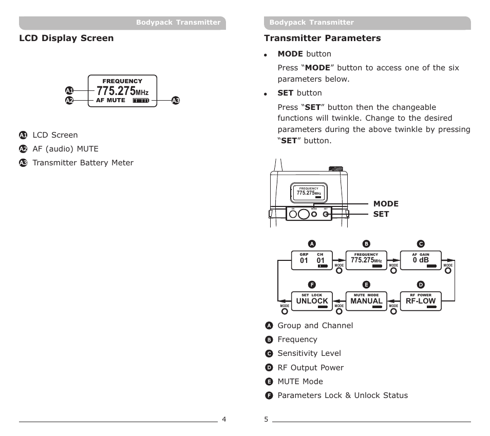 頁面 4, Lcd display screen, Transmitter parameters | MIPRO ACT-72T Narrowband Bodypack Transmitter User Manual | Page 4 / 11