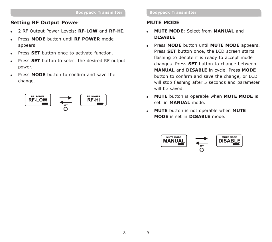 頁面 6, Disable, Manual | MIPRO ACT-72T Narrowband Bodypack Transmitter User Manual | Page 6 / 11